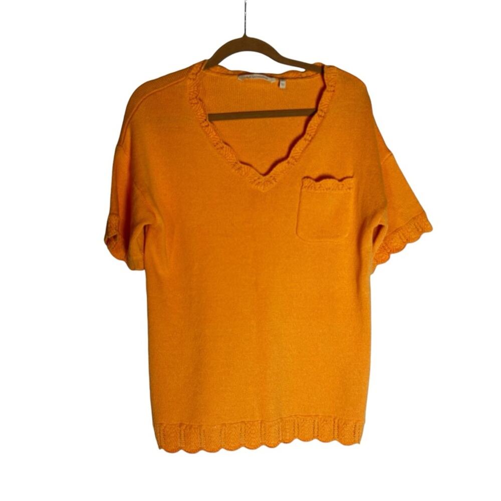 Soft Surroundings Scalloped V Neck Cotton Blend Short Sleeve Sweater Shirt Small